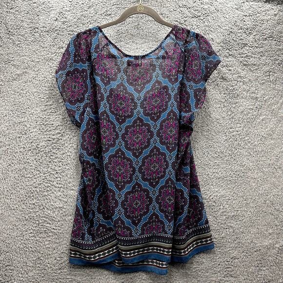 Beige by eci Large Sheer Blouse Beaded Neckline Colorful Boho Feminine Flowy - Picture 7 of 9